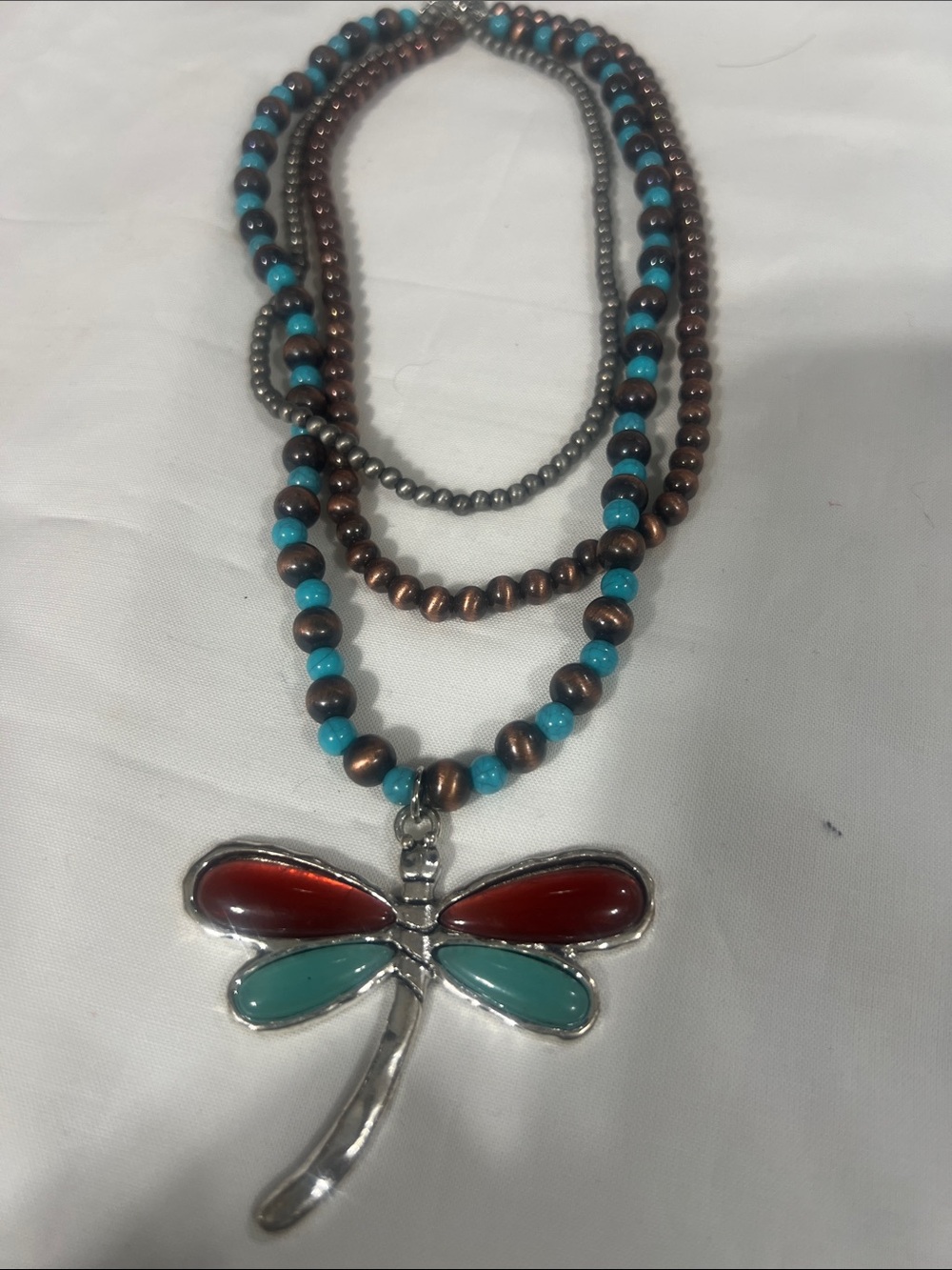 Dragonfly Pendant Beaded Necklace in Turquoise, Red & Brown